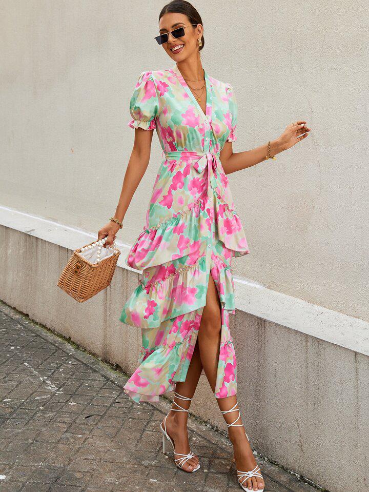 Random Floral Print Puff Sleeve Layered Hem Belted Dress - الصورة 2