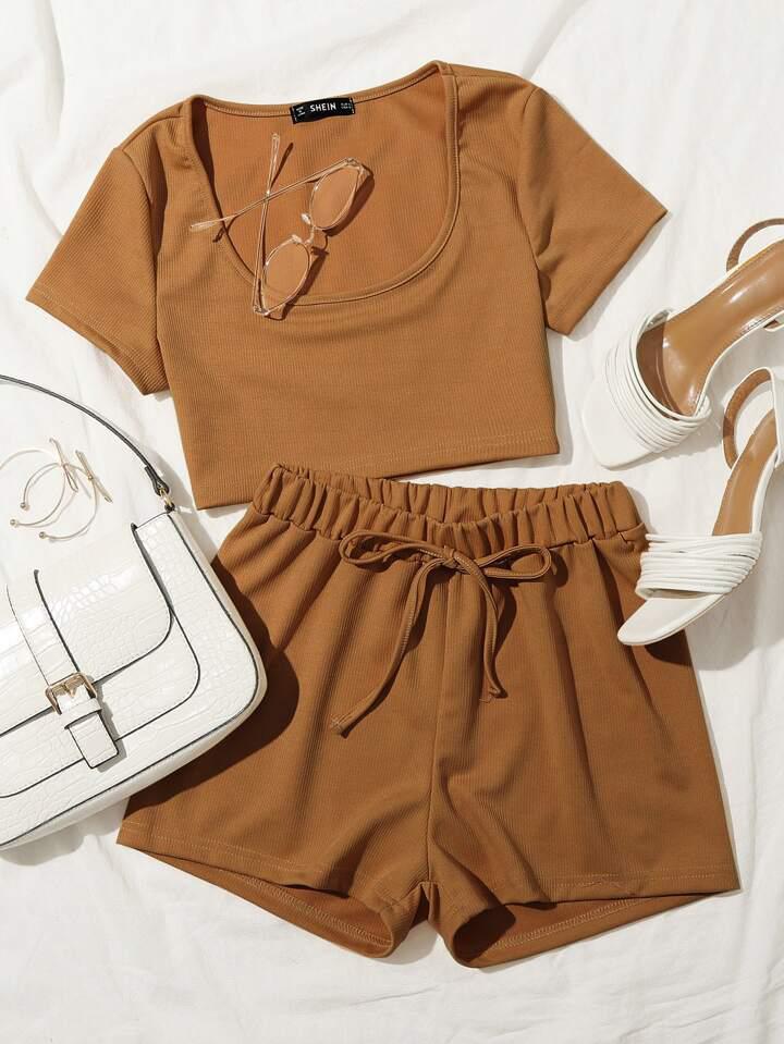 Scoop Neck Crop Tee & Tie Waist Shorts Set