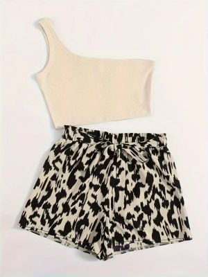 Women'S Elegant One-Shoulder Top with Belt Detail and Leopard Print Shorts