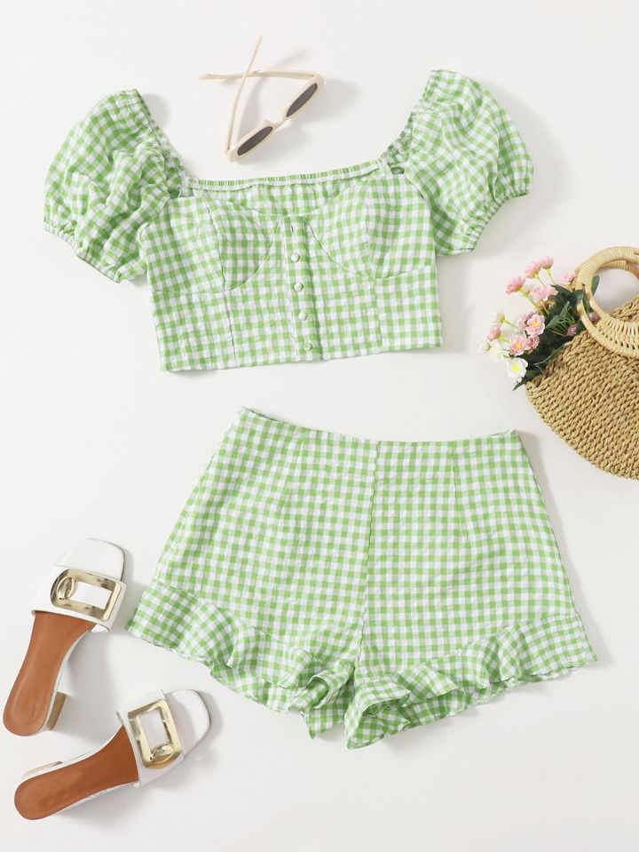 SHEIN X JIMENA & MATEO Soleia Gingham Puff Sleeve Top & Ruffle Hem Shorts Set - الصورة 4