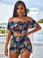 SHEIN SXY Off Shoulder Tropical Top & Wrap Hem Shorts