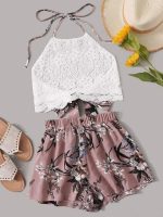 ‎SHEIN VCAY Floral Print Shorts With Lace Back Hanging Top‎