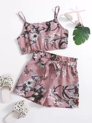 ‎SHEIN Pink Pink Waist Cami Waist Shorts Set for Girls‎