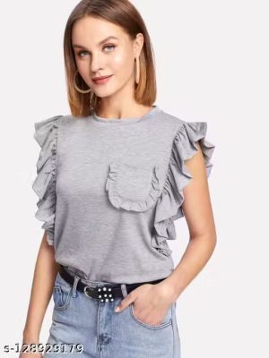 SHEIN Solid Color Ruffled Shoulder Sheer Top