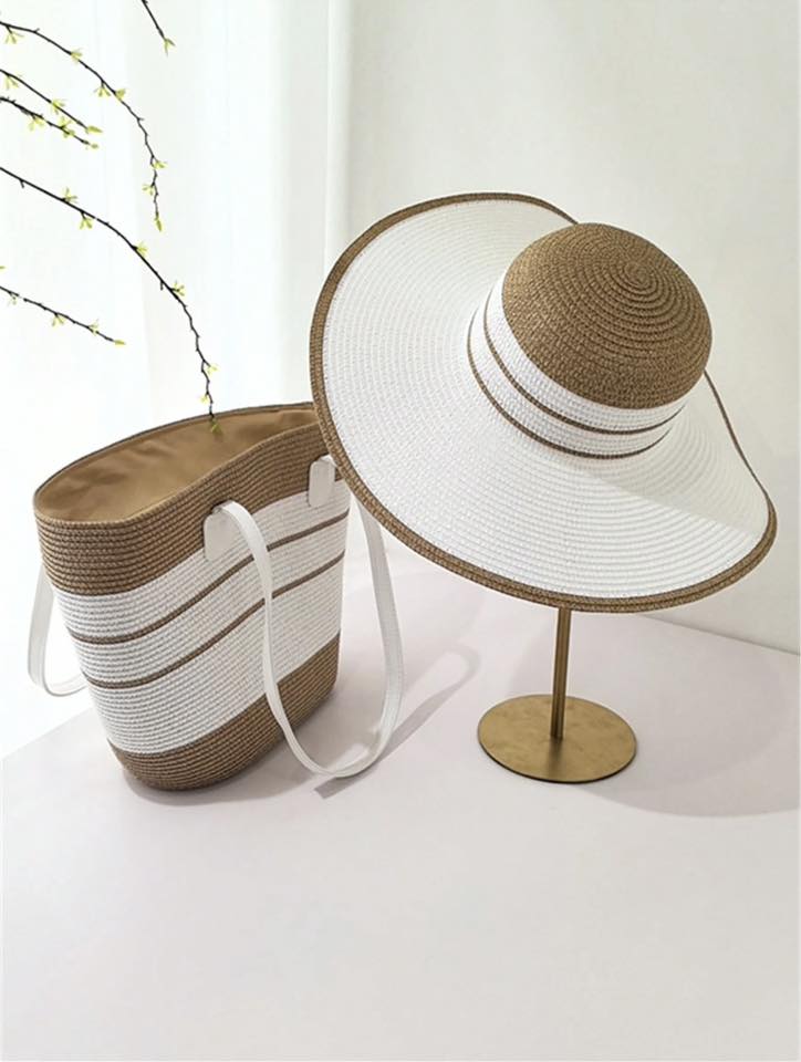 2pcs/Set Summer Straw Hat & Shoulder Bag for Women, Bohemian Style Striped Straw Shoulder Bag - الصورة 2