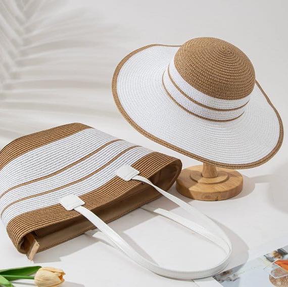 2pcs/Set Summer Straw Hat & Shoulder Bag for Women, Bohemian Style Striped Straw Shoulder Bag