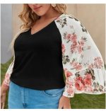 SHEIN LUNE Women's V-Neck Floral Print Flared Sleeve Top