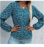 Floral Blouse V Neck Ruffled Long Sleeve Top