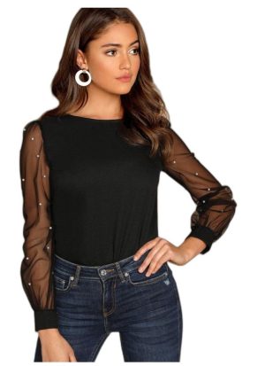 Unity Synthetic Pearl Sheer Mesh Sleeve Blouse