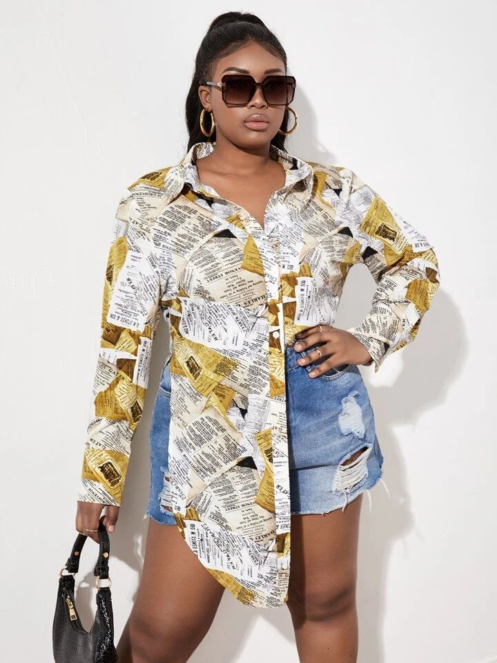 SHEIN Newspaper Print Drop Shoulder Shirt