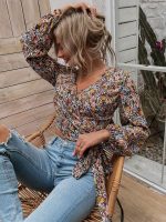 Floerns Women's Allover Floral Print Tie Side Lantern Sleeve V Neck Wrap Crop Blouse Tops