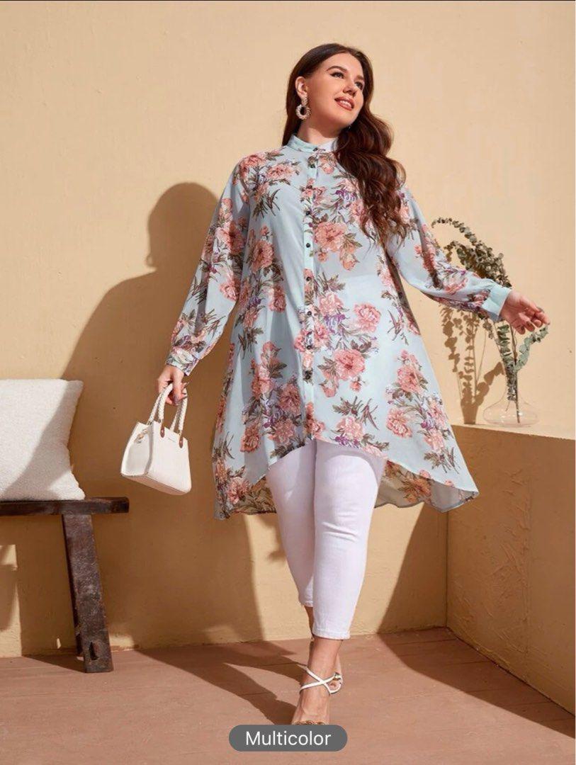 Mulvari Plus Mock Neck Floral Print High Low Chiffon Blouse