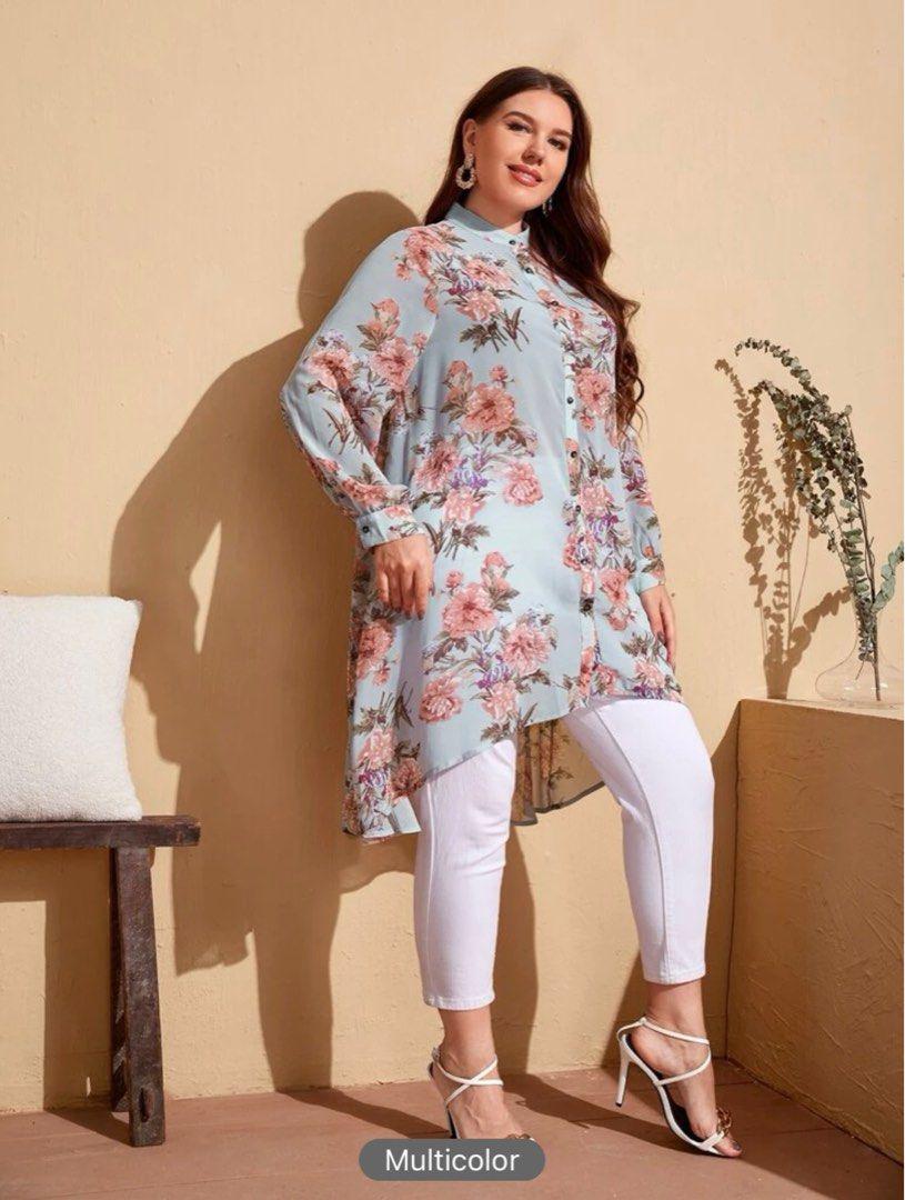 Mulvari Plus Mock Neck Floral Print High Low Chiffon Blouse - الصورة 3