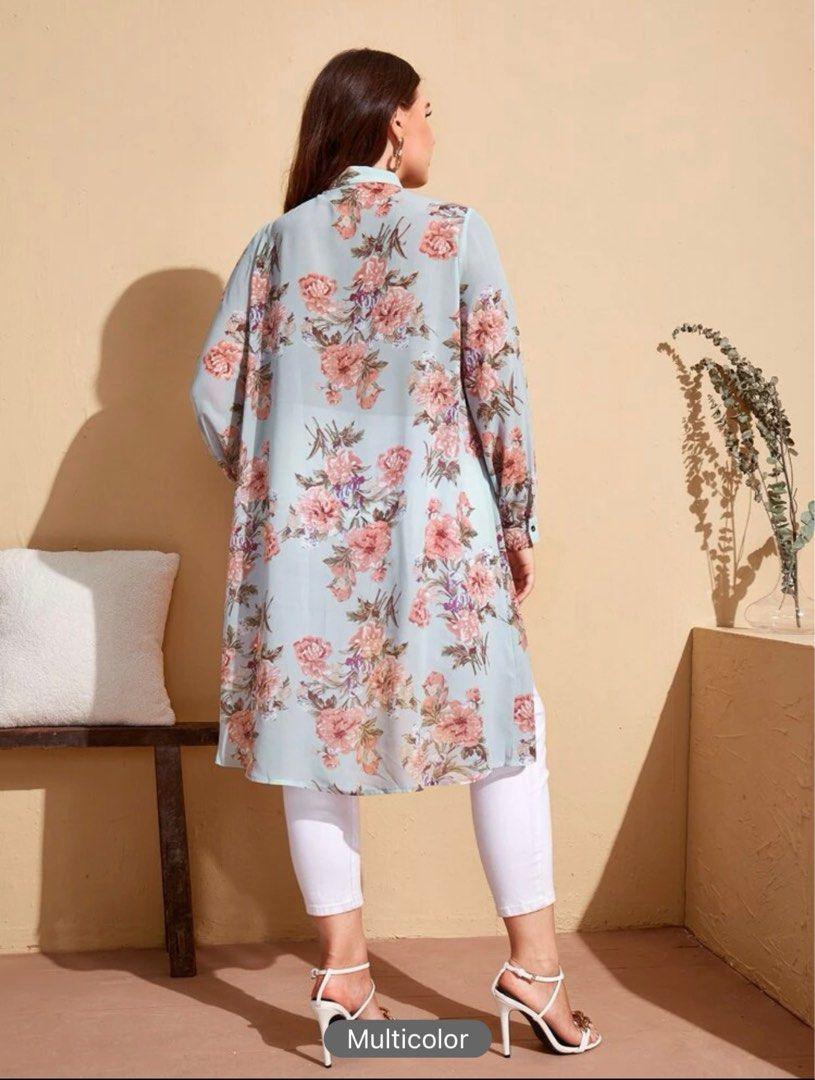 Mulvari Plus Mock Neck Floral Print High Low Chiffon Blouse - الصورة 4