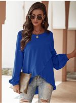 Womens Summer Tops Ruffle Trim Wrap Front Lantern Sleeve Blouse