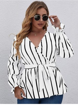  Oversized Shirts for Women Plus Striped Surplice Neck Belted Blouse