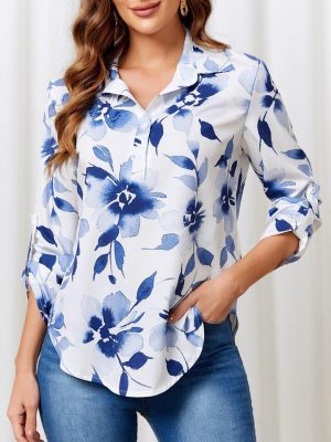  Women's Long Sleeve Shirt With Printed Flowers On Hemline