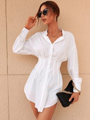  Pleated Shoulder Drop Curved Hem Blouse