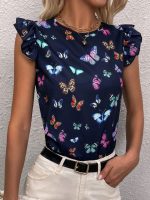 summer blouses for women Butterfly Print Tie Back Butterfly Sleeve Blouse