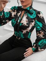 SHEIN  Floral Print Lantern Sleeve Tie Neck Blouse