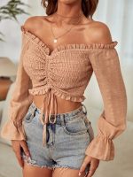 Off Shoulder Frill Trim Flounce Sleeve Drawstring Shirred Crop Blouse