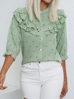 ‎Women's Blouses Ruffle Dress Buttons Front Dot Casual‎