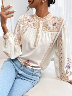 Womens Tops Floral Embroidery Mock Neck Blouse
