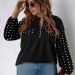 Women's Shein Black half zip Blouse with White Dots
