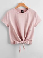SHEIN LUNE Plus Pearls Beaded Knot Hem Tee