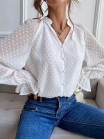 Swiss Dot Notched Neck Flounce Sleeve Blouse