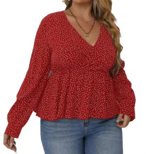 Womens  Blouses Casual Polka Dot V neck  Top Red