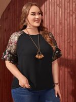 Floral Embroidery Mesh Panel Flounce Sleeve Blouse