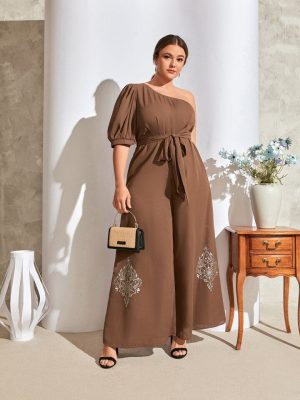 Mulvari Plus Floral Print One Shoulder Puff Sleeve Belted Wide Leg Jumpsuit