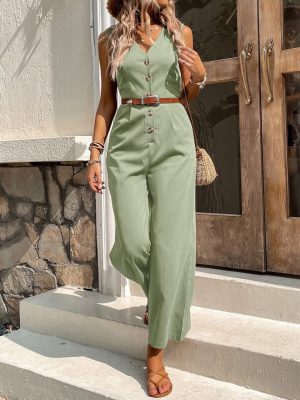 SHEIN LUNE Solid Button Front Jumpsuit Without Belt