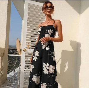 Floral print tank top jumpsuit with back knot