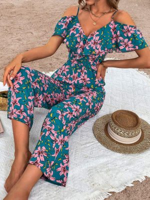 All Over Floral Print Off Shoulder Jumpsuit