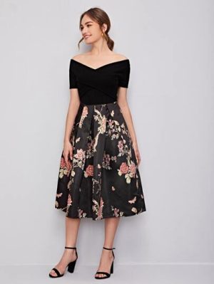 ‎SHEIN Clasi Floral Pleated Cross Shoulder Dress‎