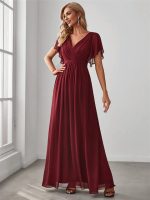 EVERPRETTY Ruched Split Sleeve Chiffon Burgundy Bridesmaid Dress Wedding Guest Dress For Wedding