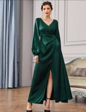 SHEIN Lantern Sleeve Wrap Satin Dress
