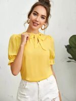 SHEIN Clasi Tie Neck Ruffle Cuff Solid Top
