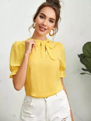 SHEIN Clasi Tie Neck Ruffle Cuff Solid Top