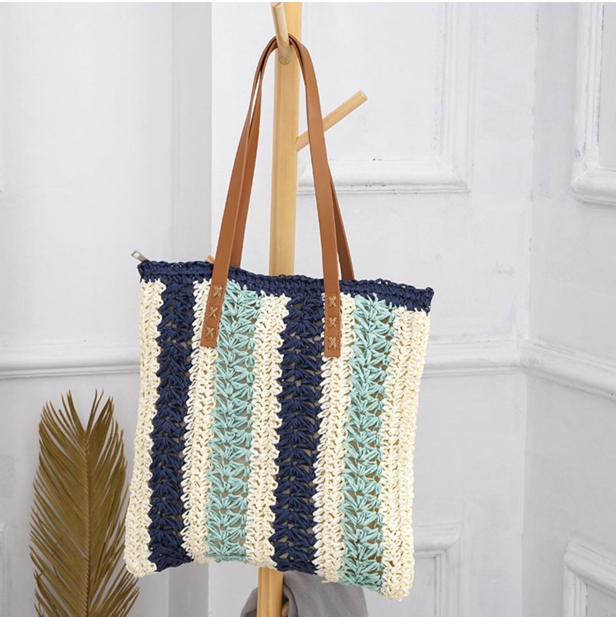 Striped Straw Tote Beach - الصورة 7
