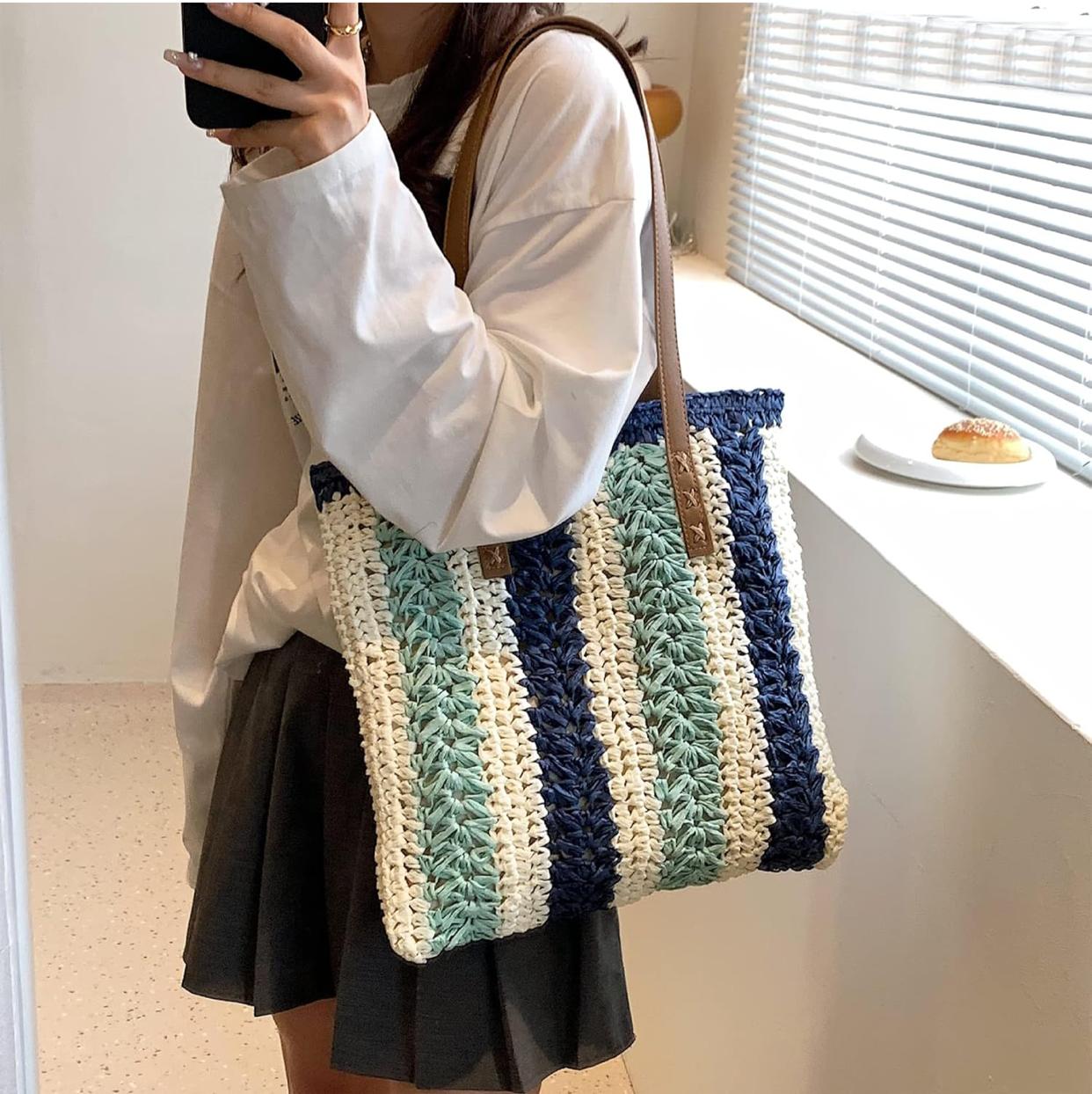 Striped Straw Tote Beach - الصورة 2