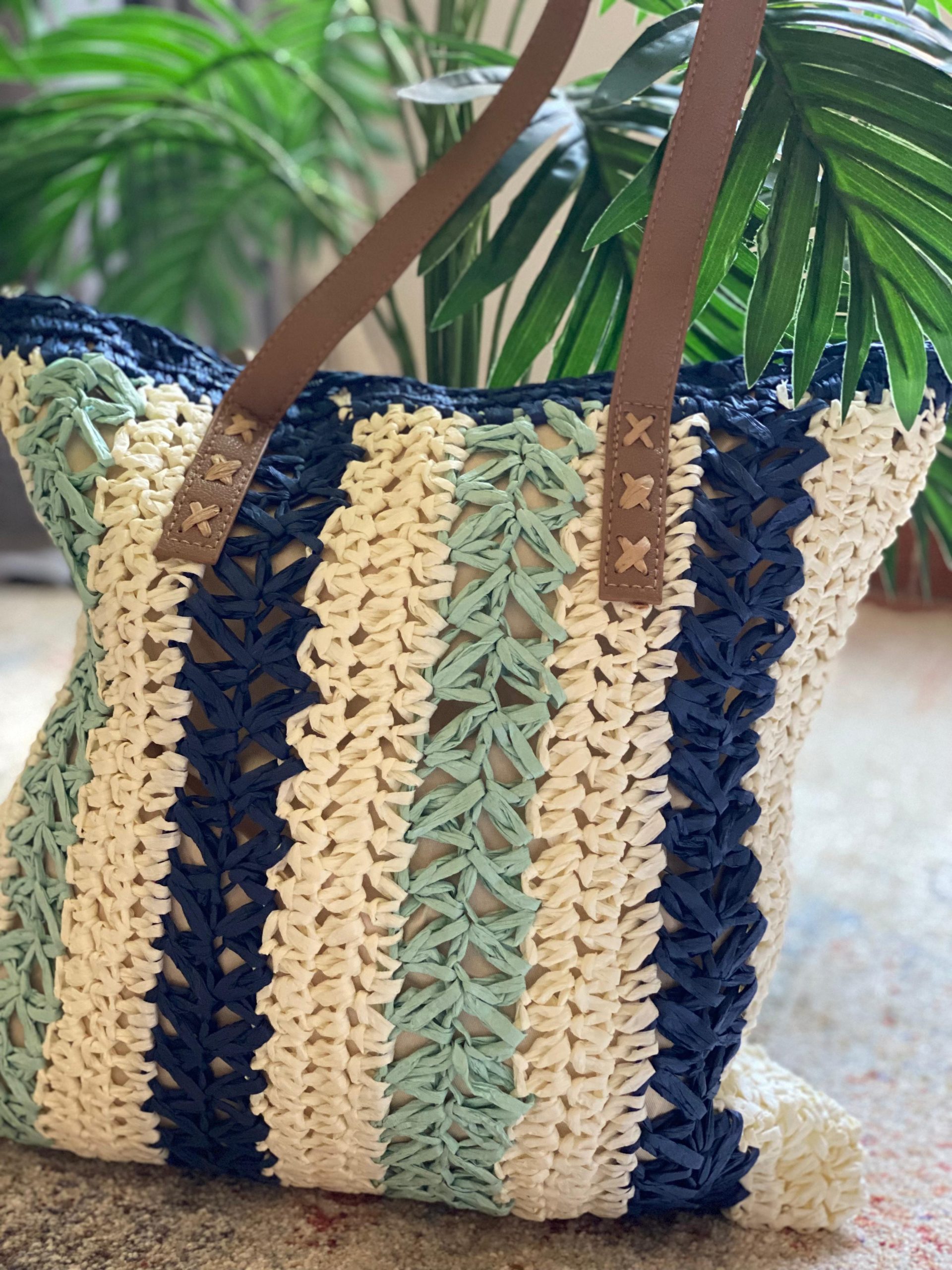 Striped Straw Tote Beach - الصورة 11