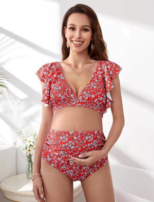 Women's Size Medium Maternity Ruffle Sleeve High Waisted Bikini Set
