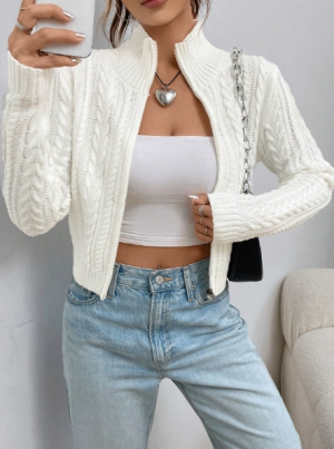 SHEIN EZwear Cable Knit Zip Up Cardigan, Ladies Sweater Size (M)