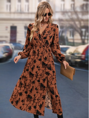 SHEIN LUNE Allover Floral Print Bishop Sleeve Split Thigh Dress Maxi Women Outfit Fall Cloth For Women Size (L)
