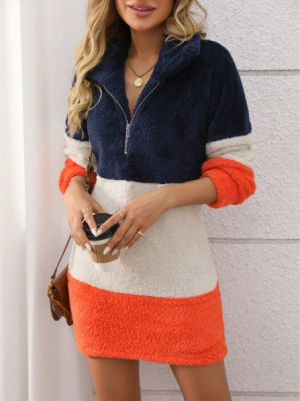 SHEIN LUNE Patchwork Zipper Fleece Long Sleeve Casual & Outdoor Women Dress Size (M_XL)