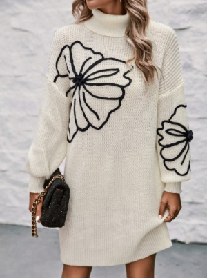 SHEIN Clasi Floral Pattern Turtleneck Drop Shoulder Sweater Dress Fall Cloth For Women Size (S)