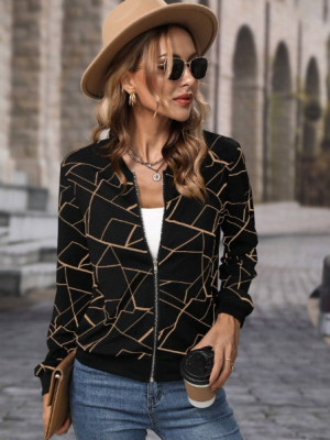 EMERY ROSE Women's Printed Baseball Collar Casual Long Sleeve Jacket Fall Winter Cloth For Women Size(M)
